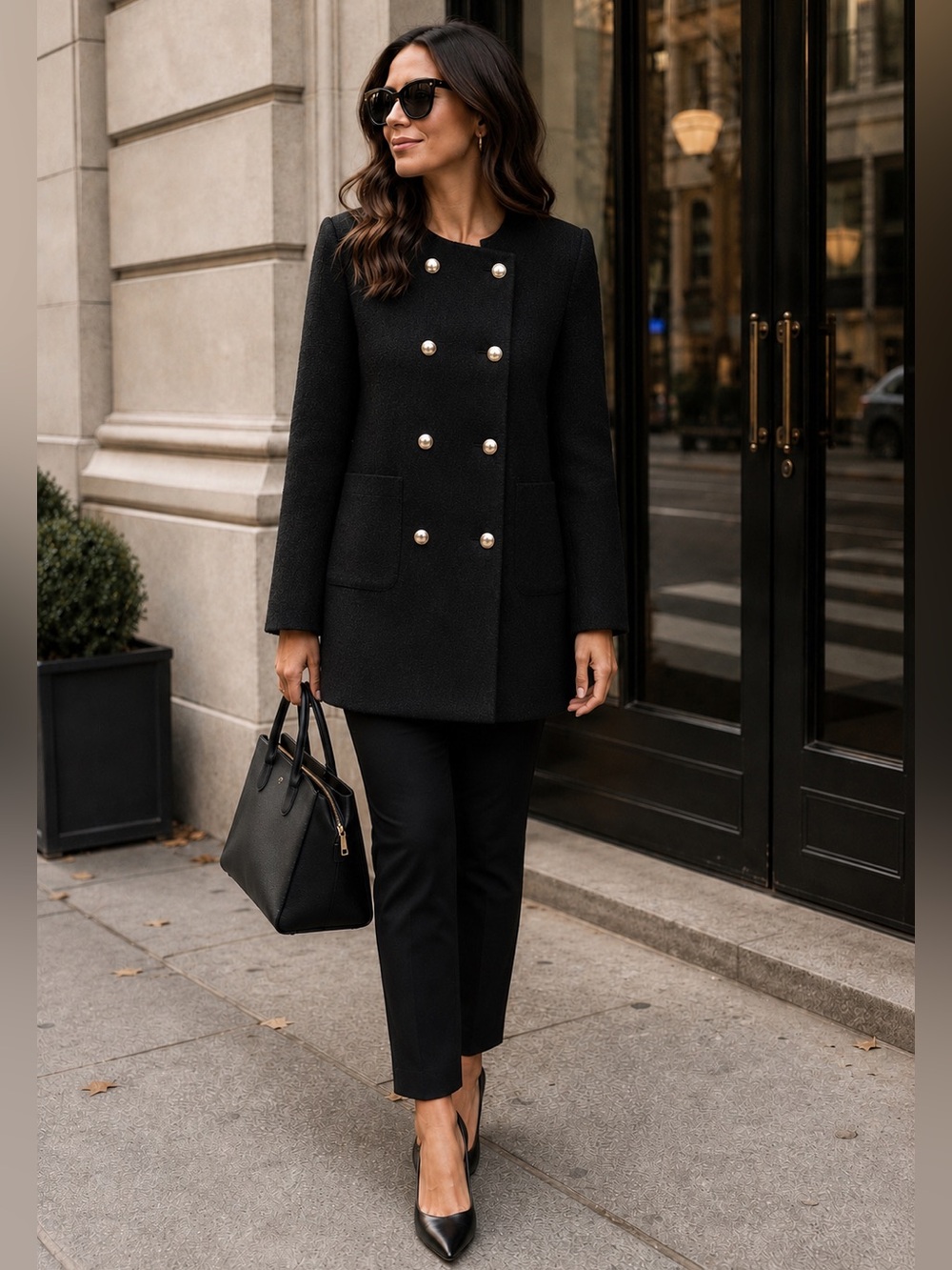 LOFT Women's Black Textured Gold Buttons Double-Breasted Bouclé Pea Coat L NEW
